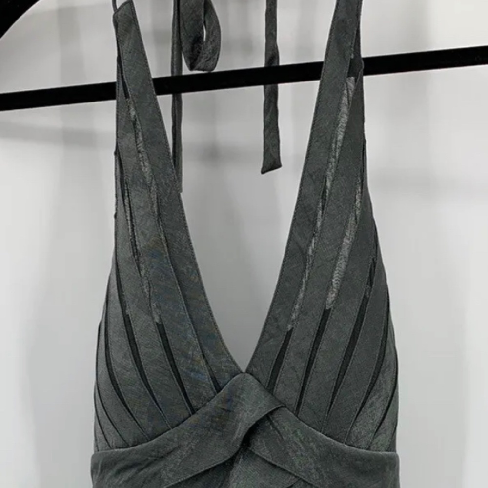 Cache Metallic Gray Halter Ruffle Layer Party Cocktail Dress Size 6